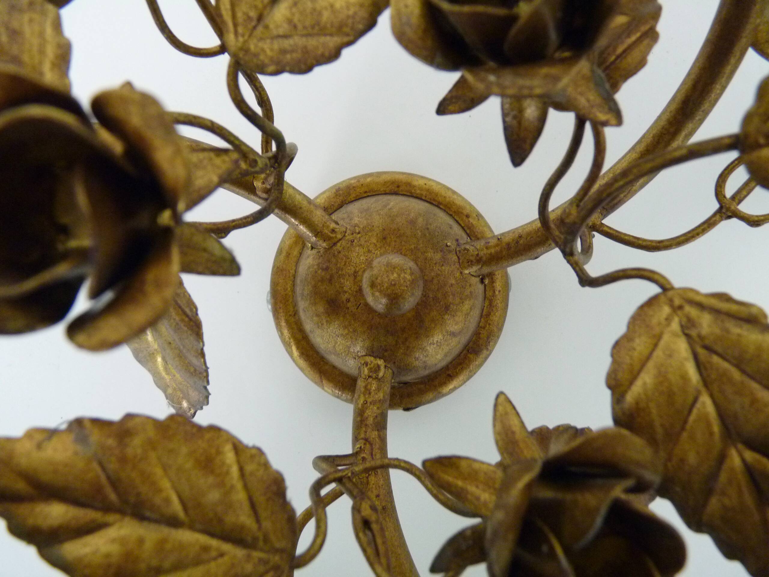 Pair of 3-light gold leaf and flower wall lights, Italy, 1970s-80s