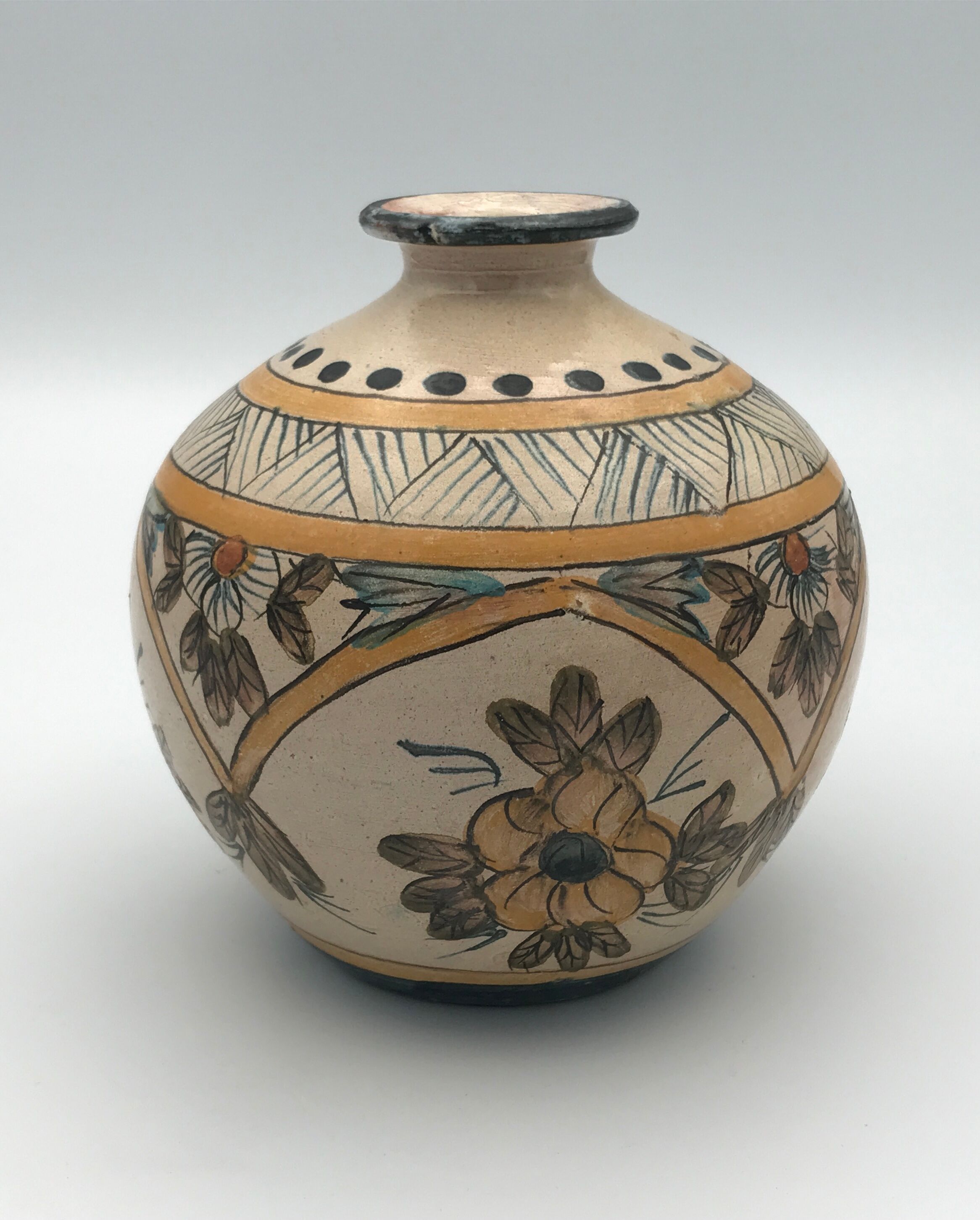 Vintage vase shaped terracotta ball with handheld paint decoration polychrome signed