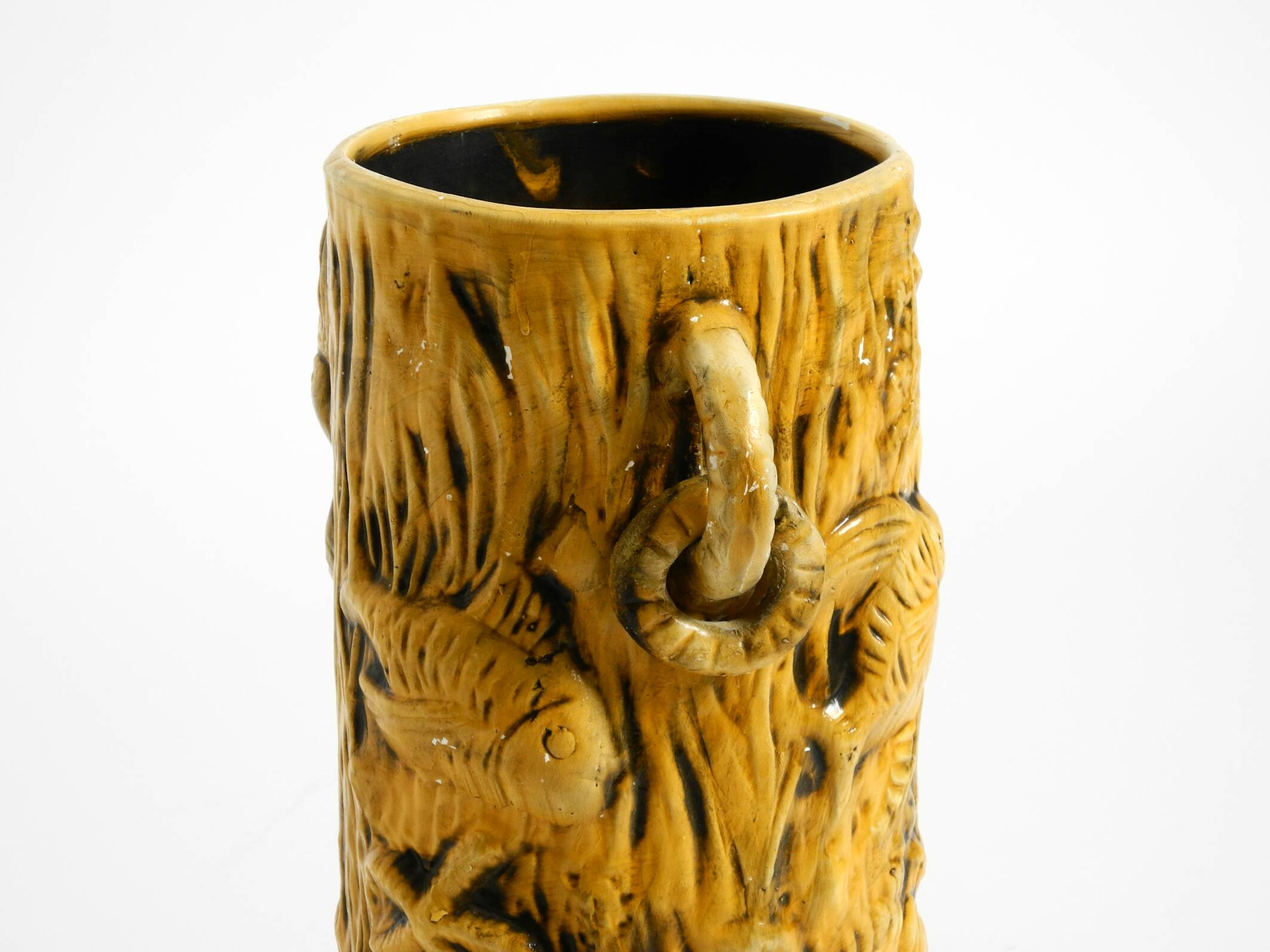 Large handmade glazed ceramic floor vase, handled vase with maritime motifs