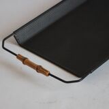 Perforated metal serving tray with bamboo handles, 1950s.