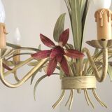 Italian vintage metal chandelier with 8 lights, Mathias bouquet, pink flowers.