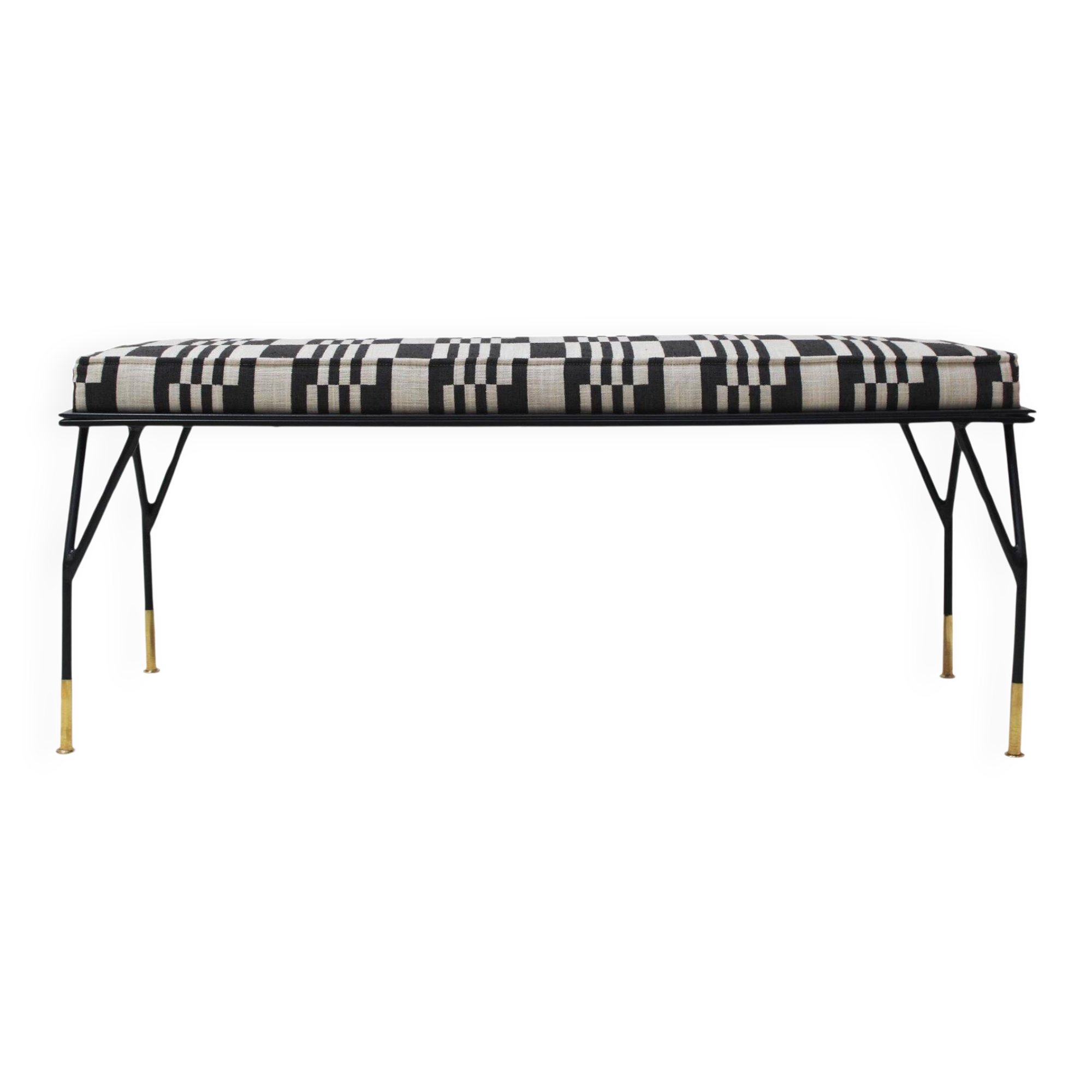 Modern Black Lacquered Iron and Patterned Fabric, 1970s Italian Stool