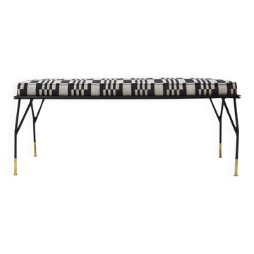 Modern Black Lacquered Iron and Patterned Fabric, 1970s Italian Stool