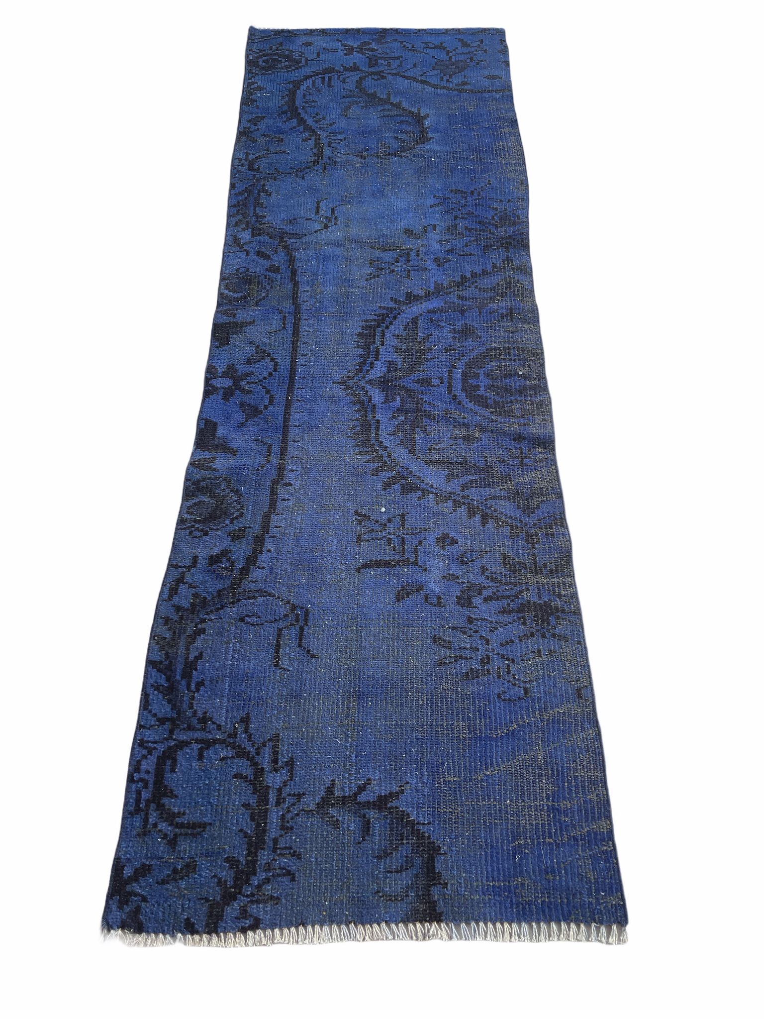 Distressed Turkish Narrow Runner 217 x 65 cm Wool Vintage rug, Over-dyed Blue