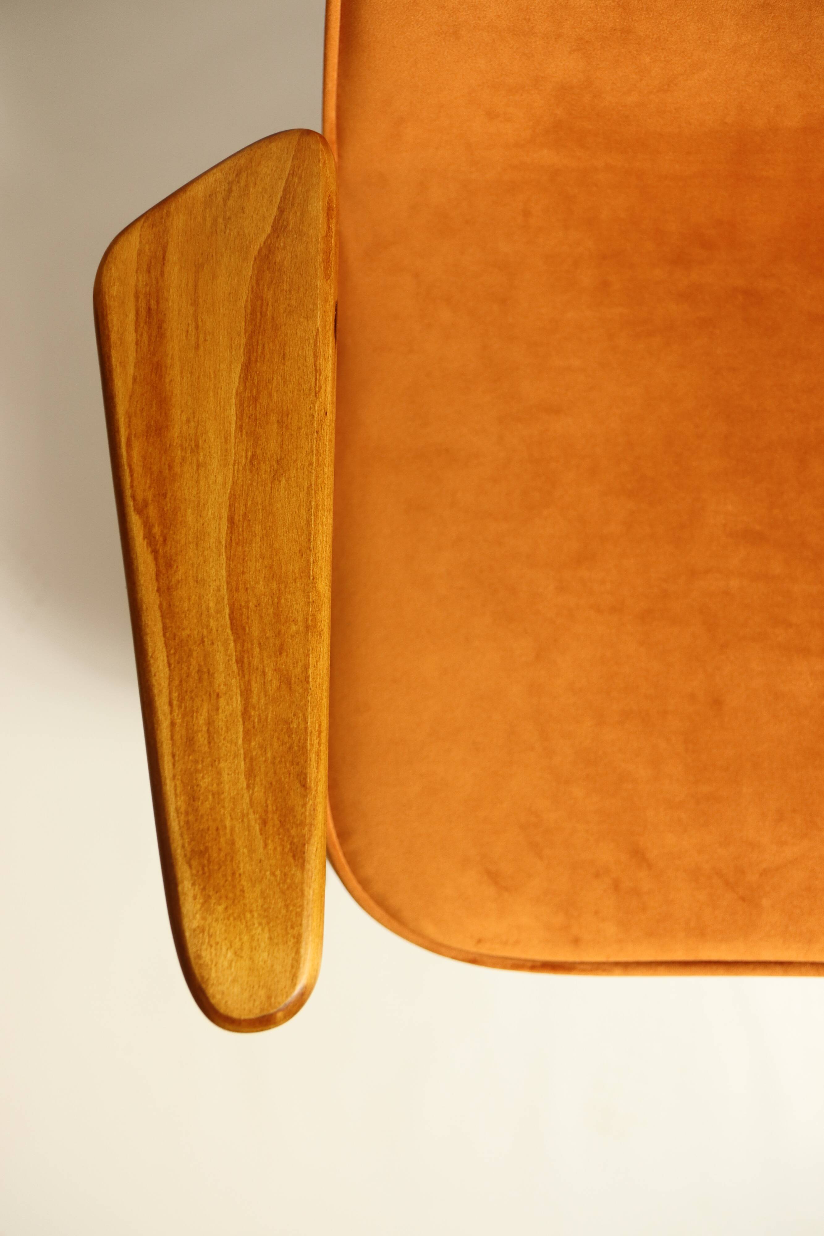 Vintage Lounge Chair Burt Orange by J. Chierowski, 1960, Scandinavian Design Velvet Fabric