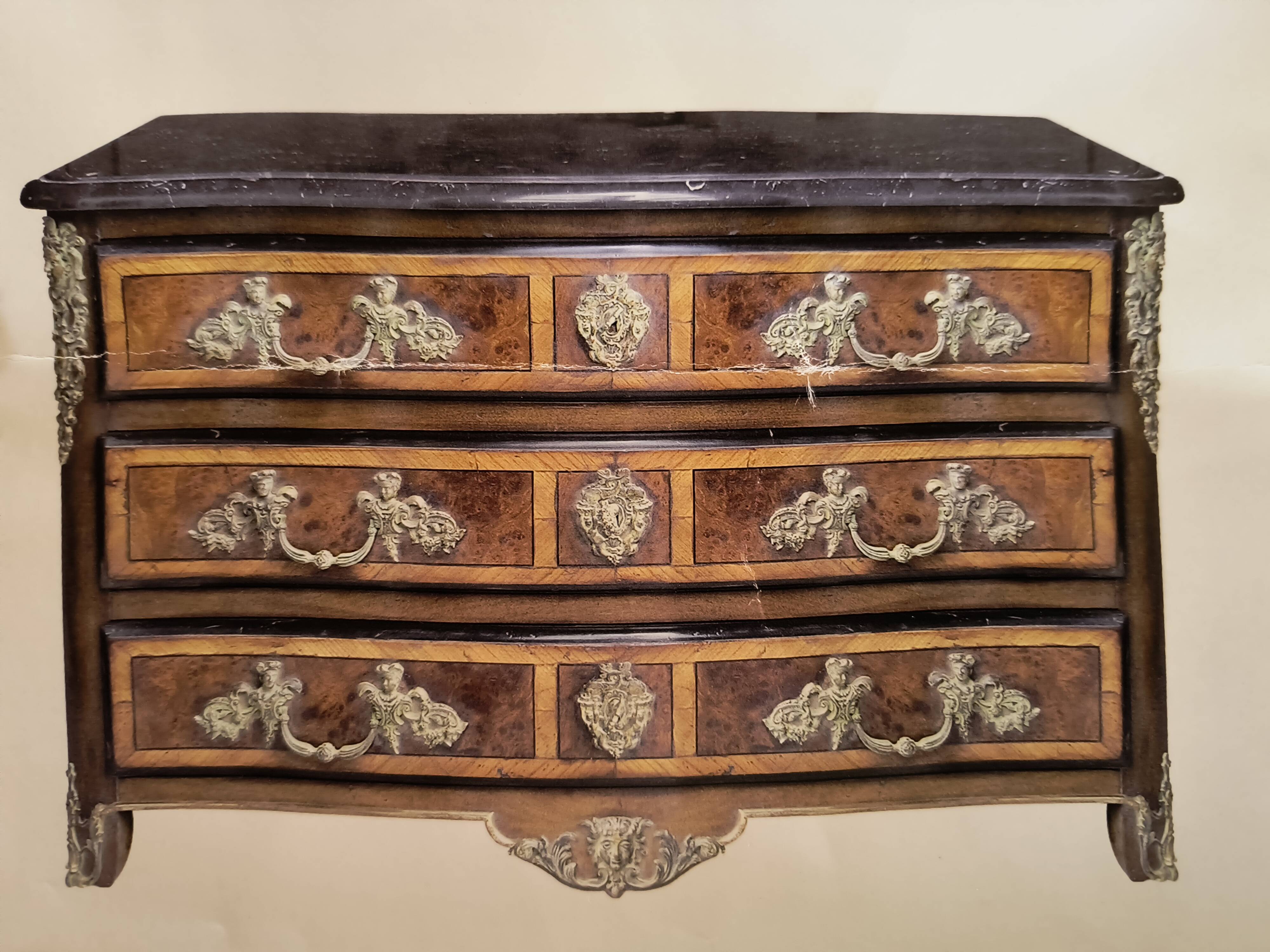 "Louis XIV" style commode with green Alpine marble and walnut burl.