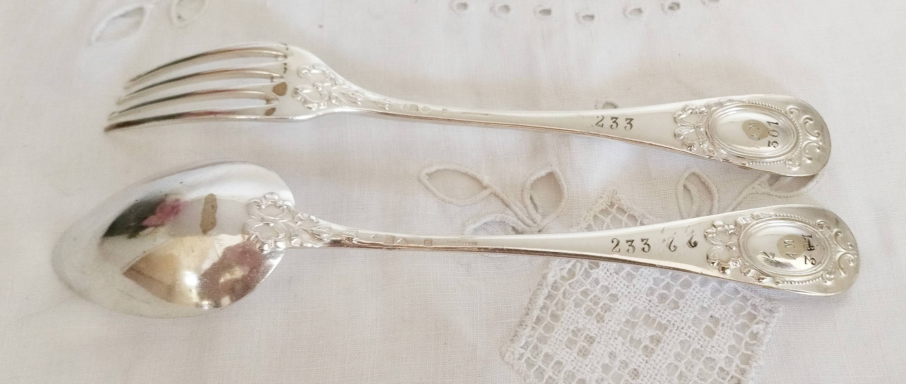 Silver cutlery set, 1 fork and 1 spoon, J Casses et Cie