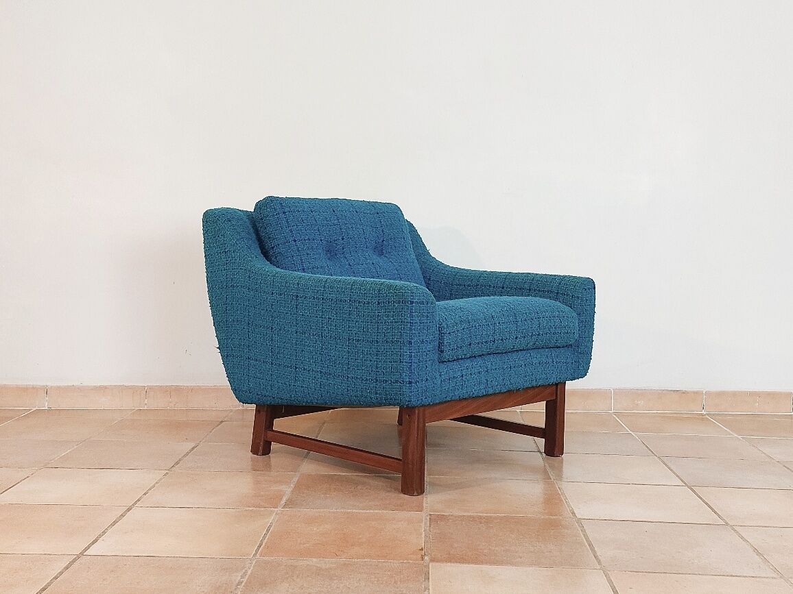 Norwegian living room set in blue fabric, vintage scandinavian 1960s