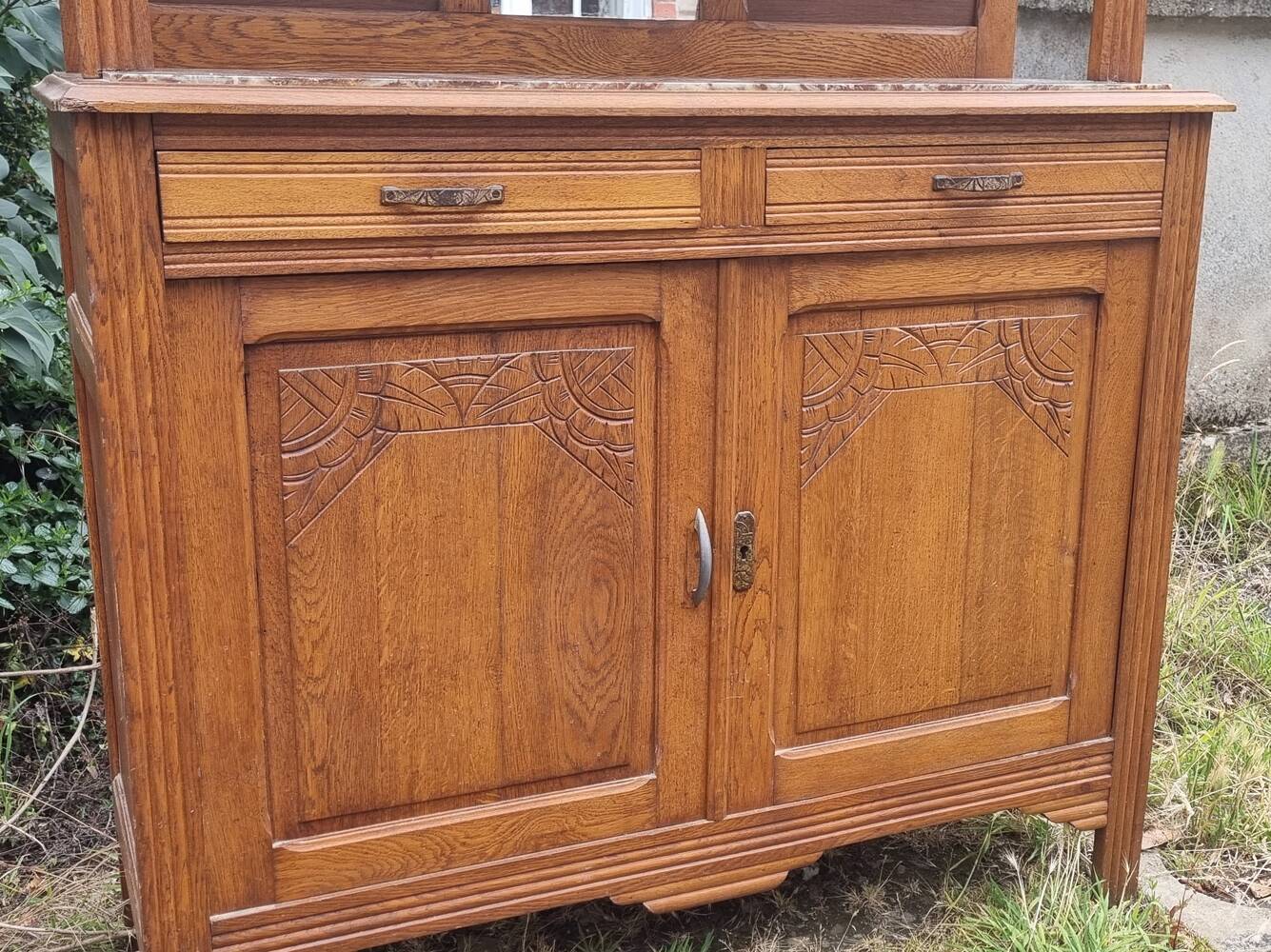 Buffet cuisine, vaisselier, deux corps, bois et marbre, années 30 / 40