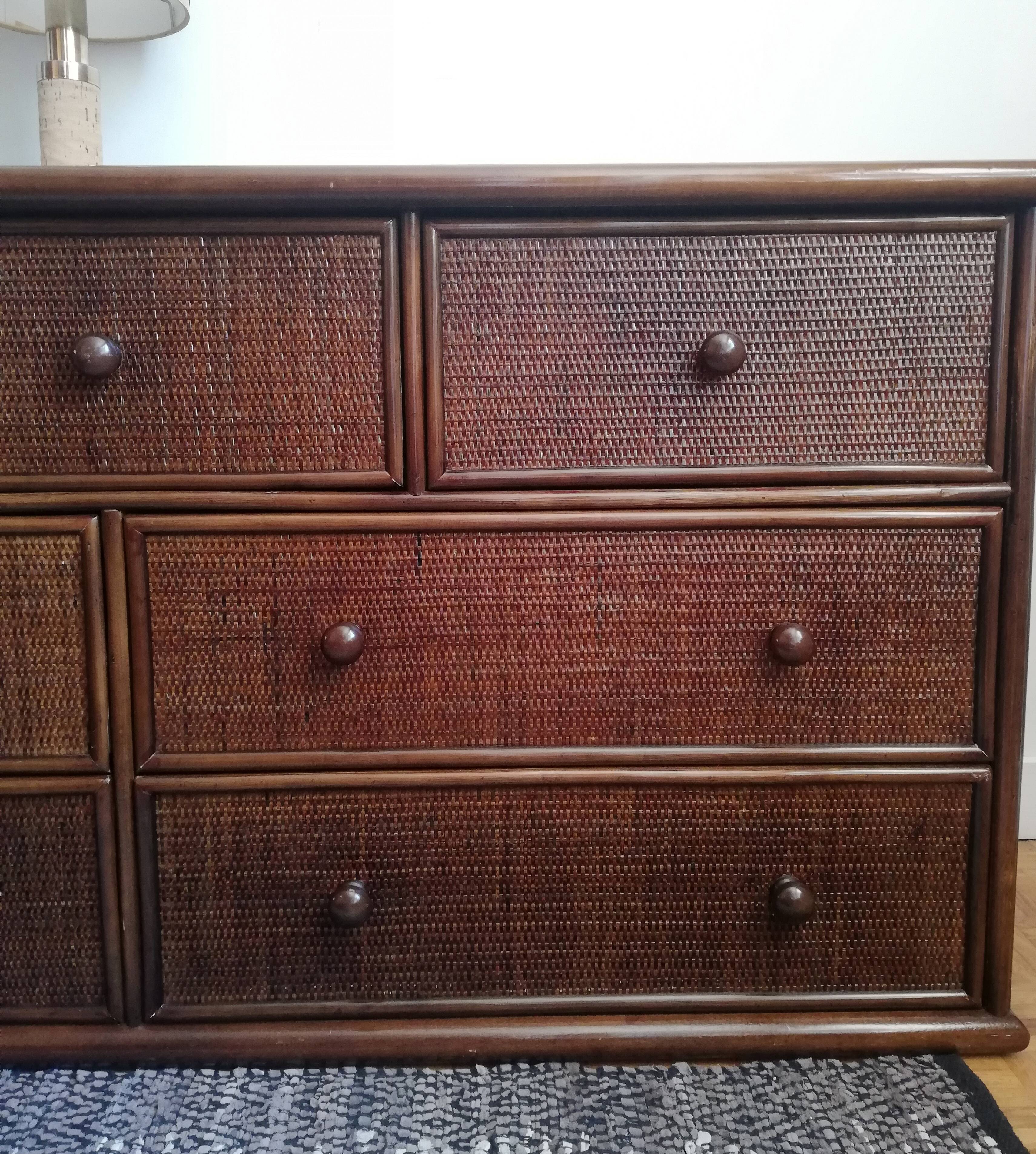 Chest of drawers braided rattan and wood