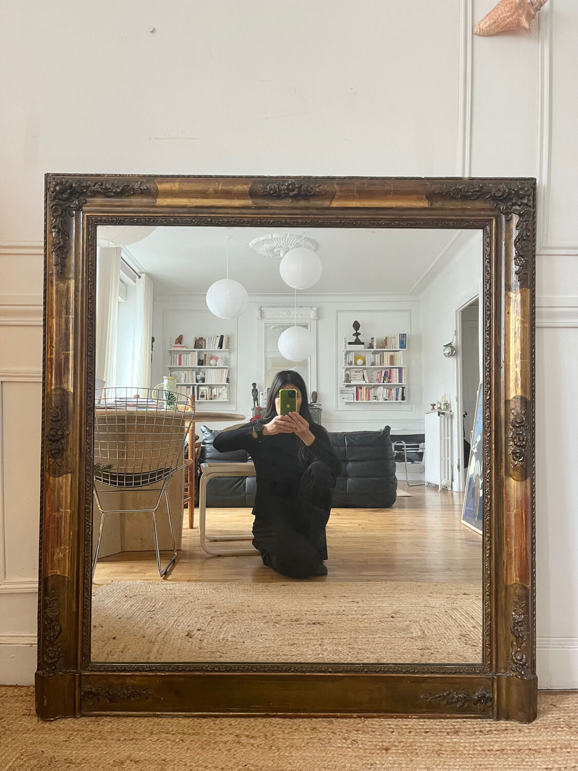 Large antique gilded wood mirror, 108cm x 118cm