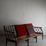 Red velour dark rattan 2-seater sofa | 1980s