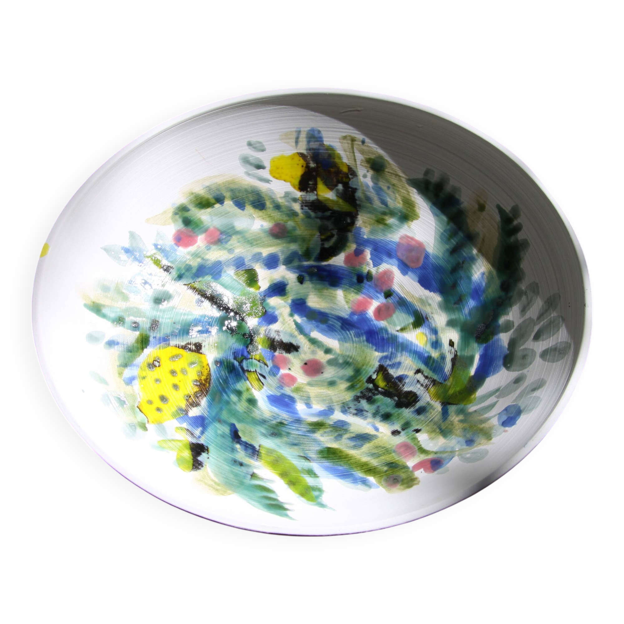 Decorated white earthenware fruit bowl