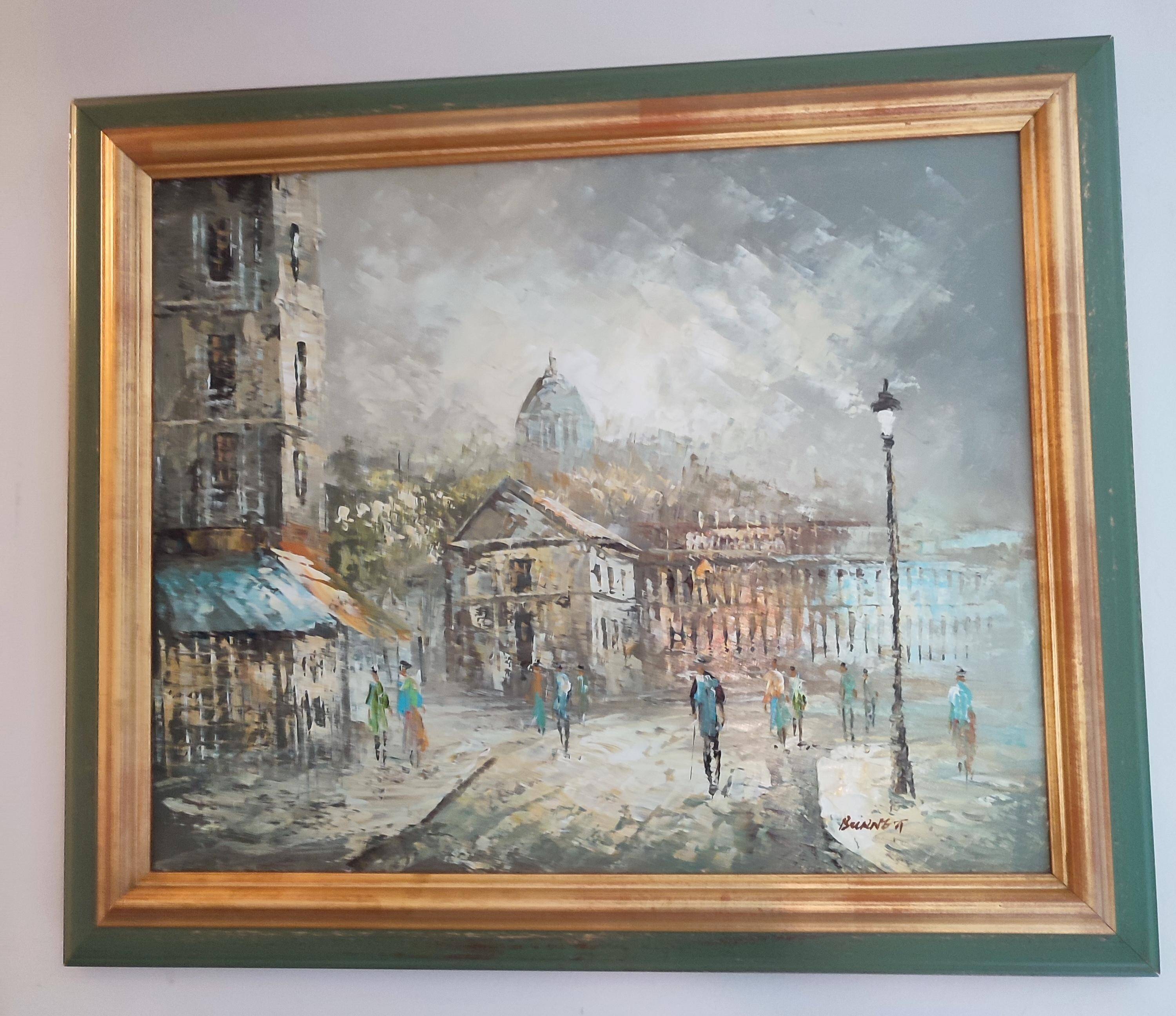 Description superb painting representing the place du tertre in Paris signed caroline burnett