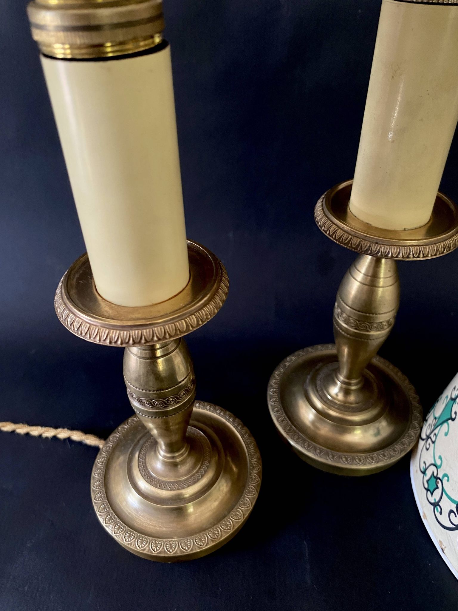 Pair of brass lamps, new 2M fabric cables, paper lampshades