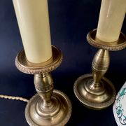 Pair of brass lamps, new 2M fabric cables, paper lampshades