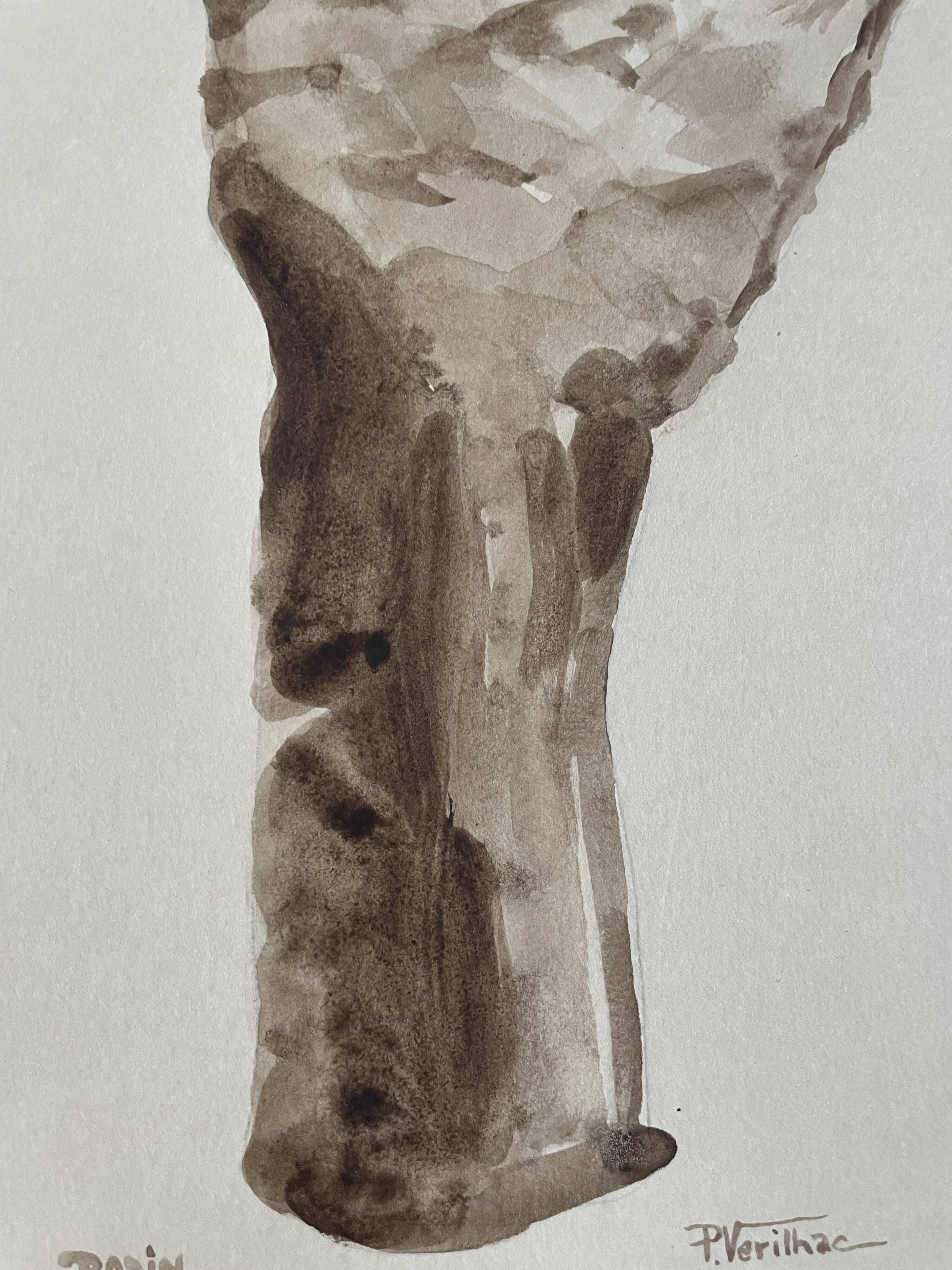 Painting signed watercolor monochrome sepia study statue “the hand reveals the man”