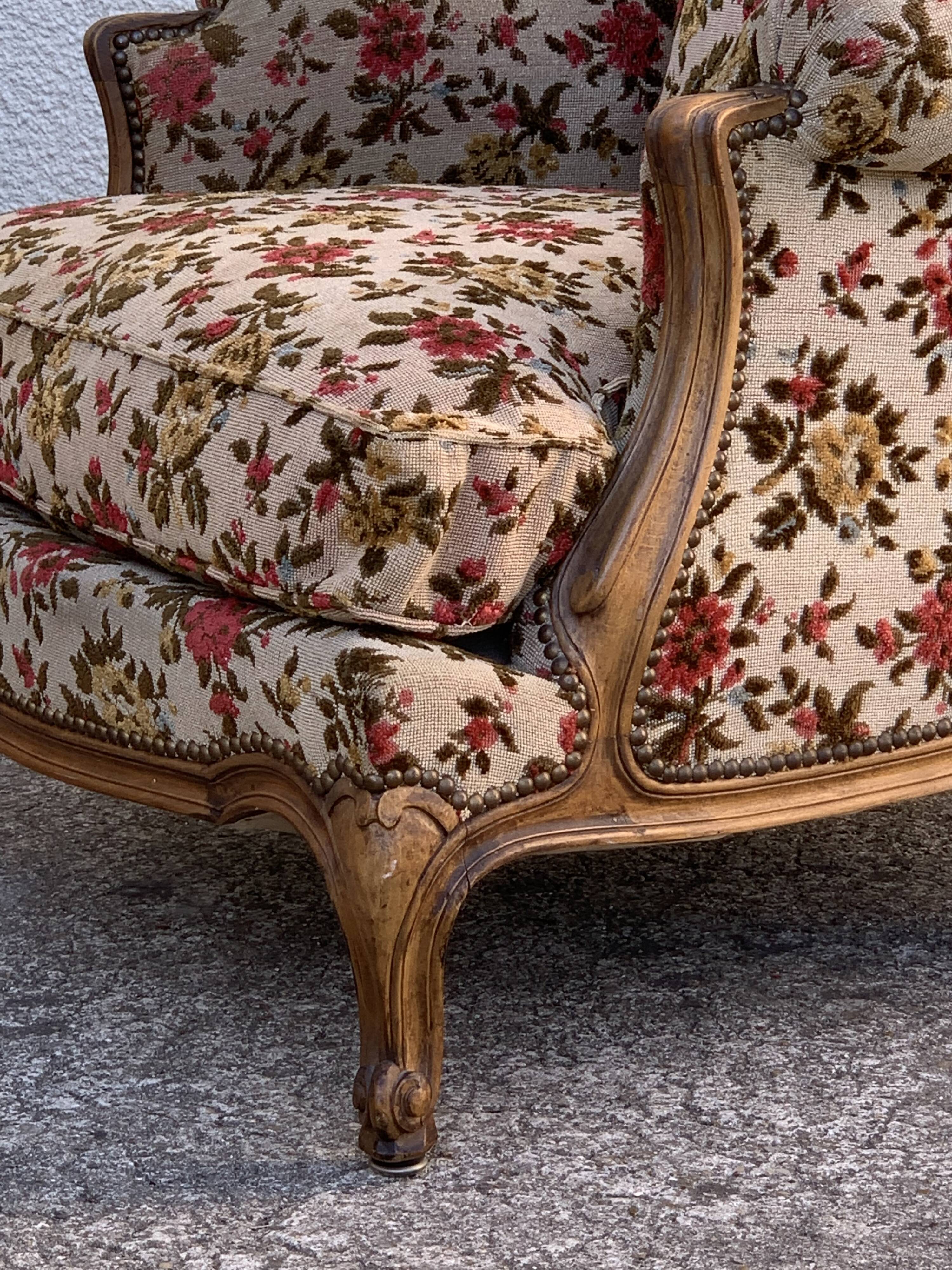 Antique Louis XV style shepherdess armchair in floral flocked fabric