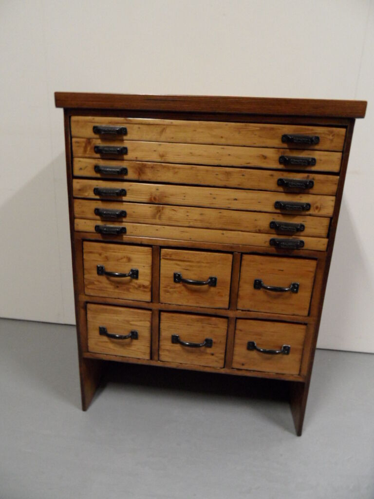 Industrial Dutch pine work bench with drawers