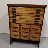 Industrial Dutch pine work bench with drawers
