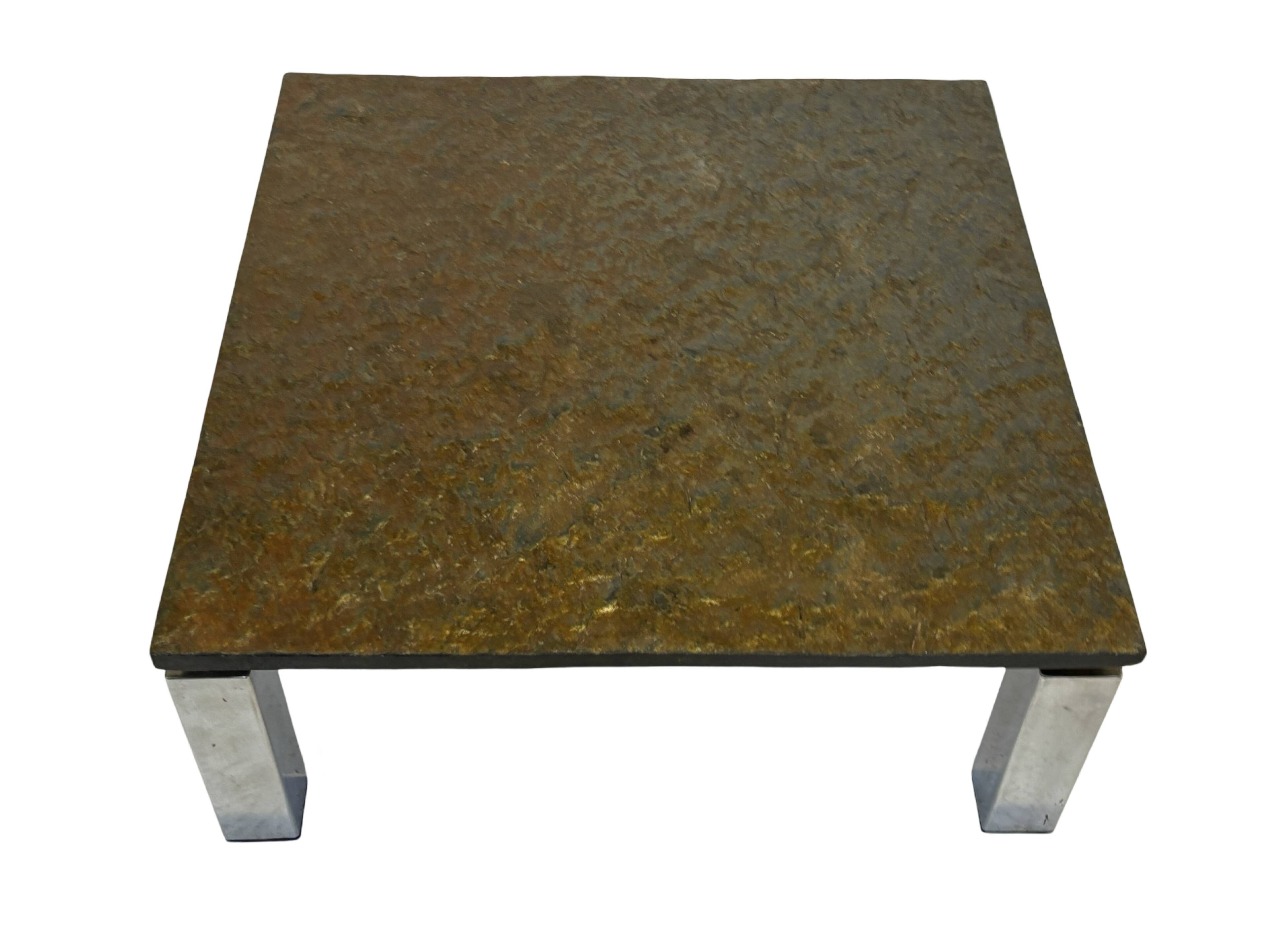 Table basse carrée plateau en pierre et piètement en acier chromé - années 60