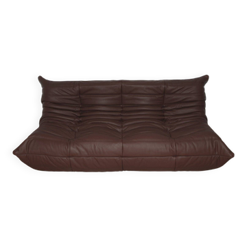 Togo three-seater sofa in dark brown leather by Michel Ducaroy for Ligne Roset