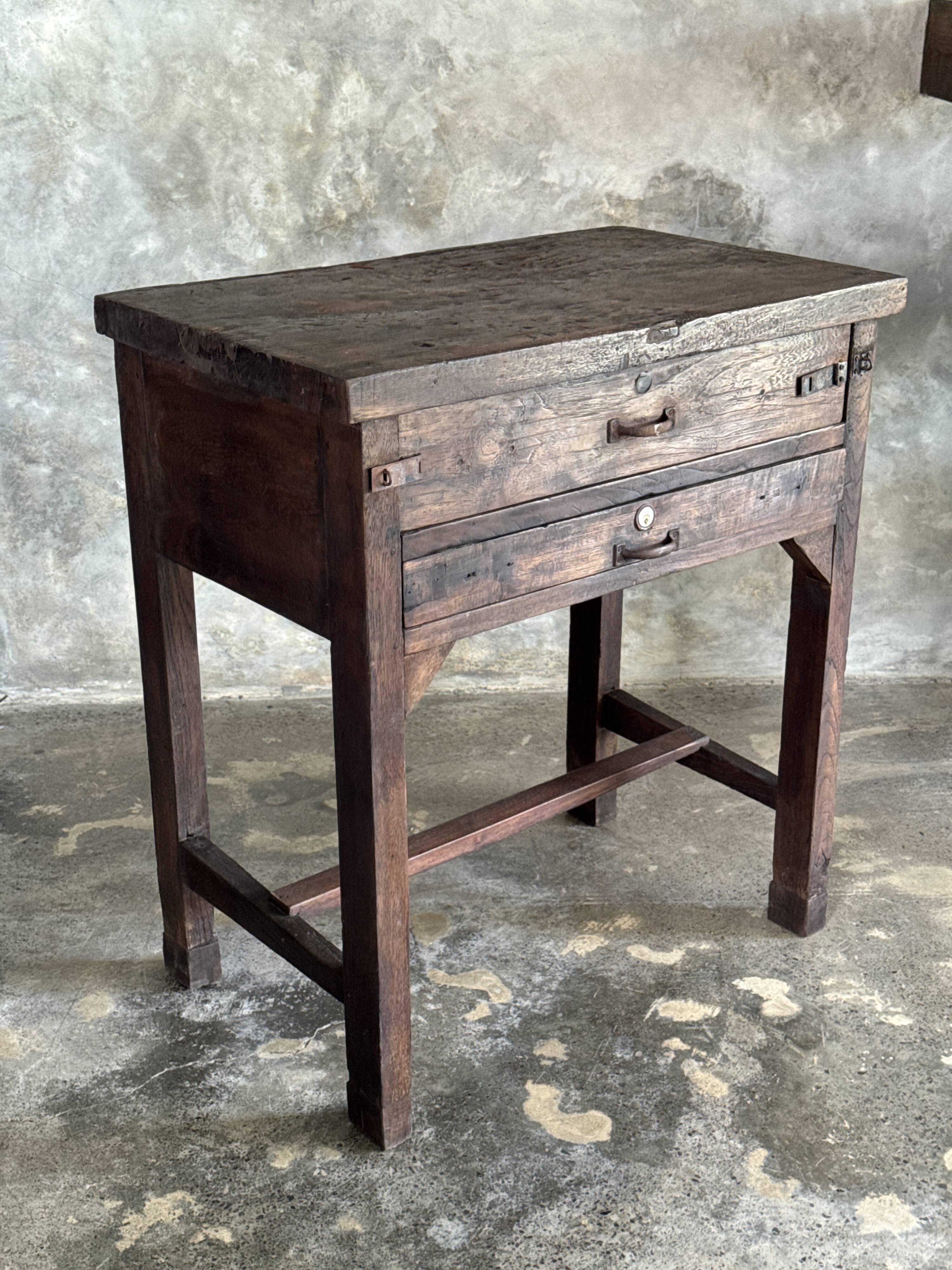 Antique Indonesian teak workbench with two drawers and stretcher H89.