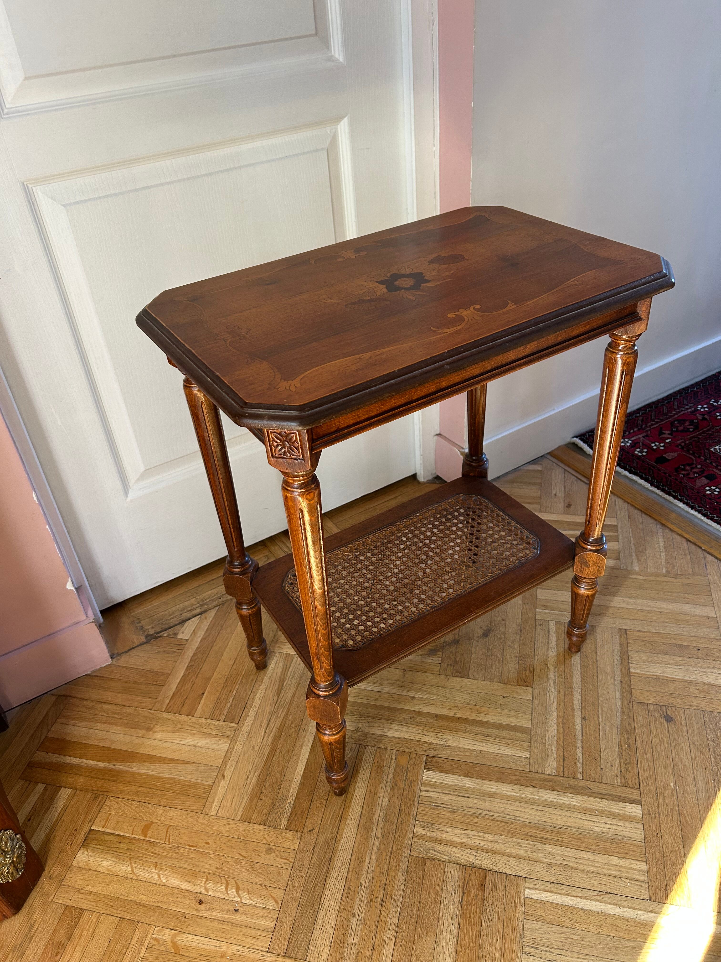 Napoleon III gueridon in floral marquetry and caning