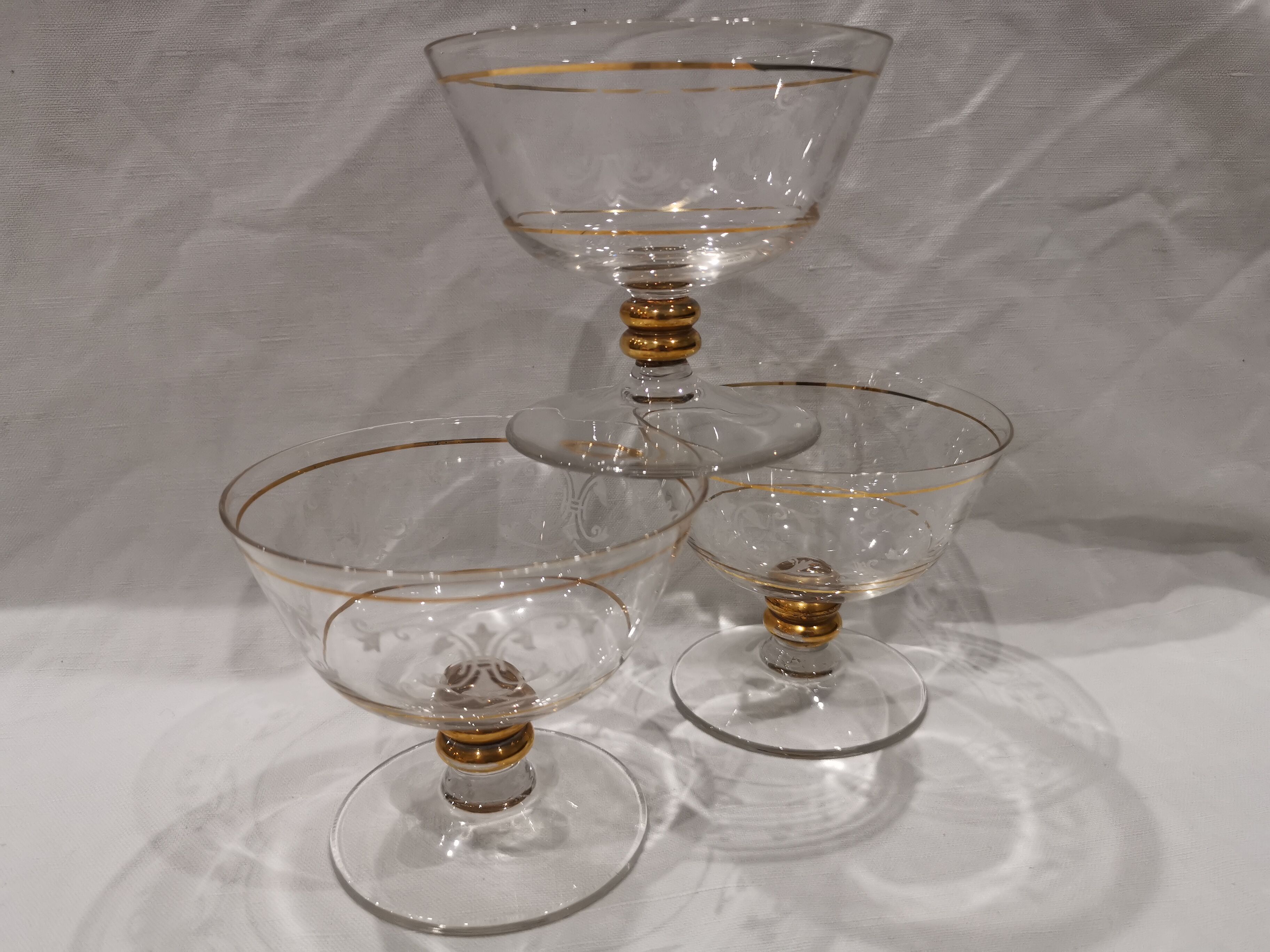 3 champagne glasses in fine gold crystal glass engraved