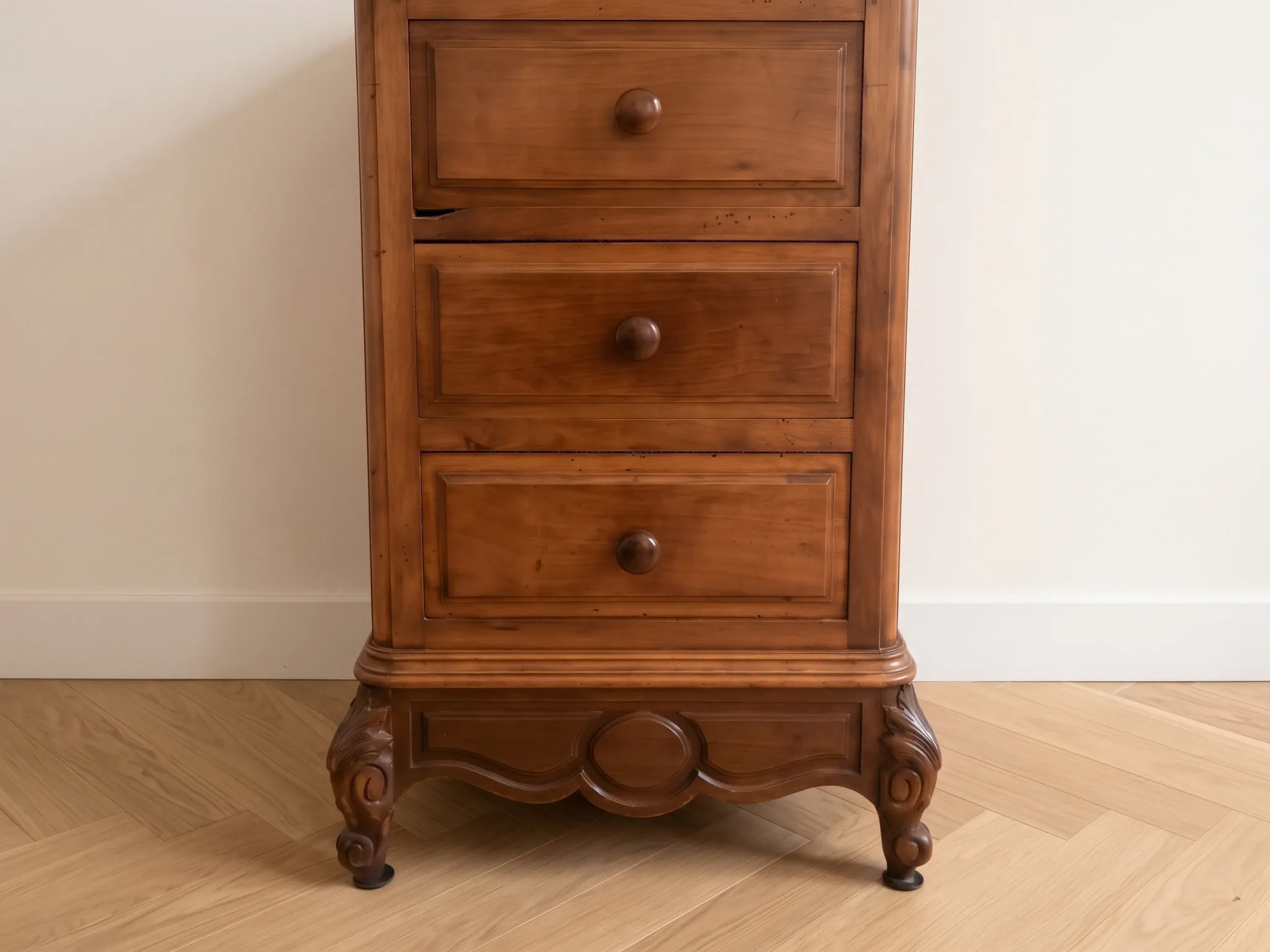 Antique wooden and marble chest of drawers.