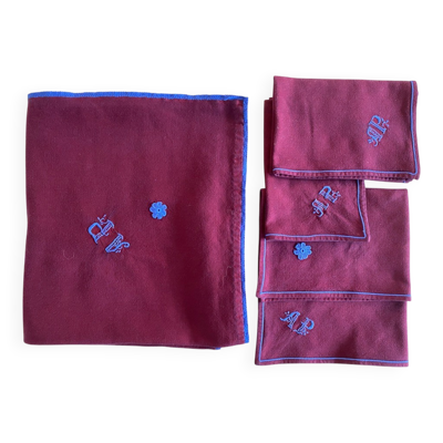 Nappe ancienne et ses 4  serviettes brodée AP - 132x150cm - coton