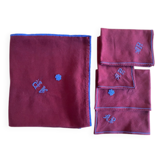 Vintage tablecloth and its 4 embroidered napkins AP - 132x150cm - cotton