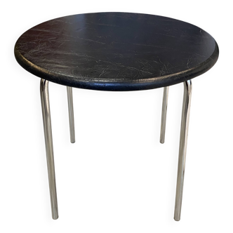 Chrome side table with black skai, vintage Bauhaus style from the 1970s.