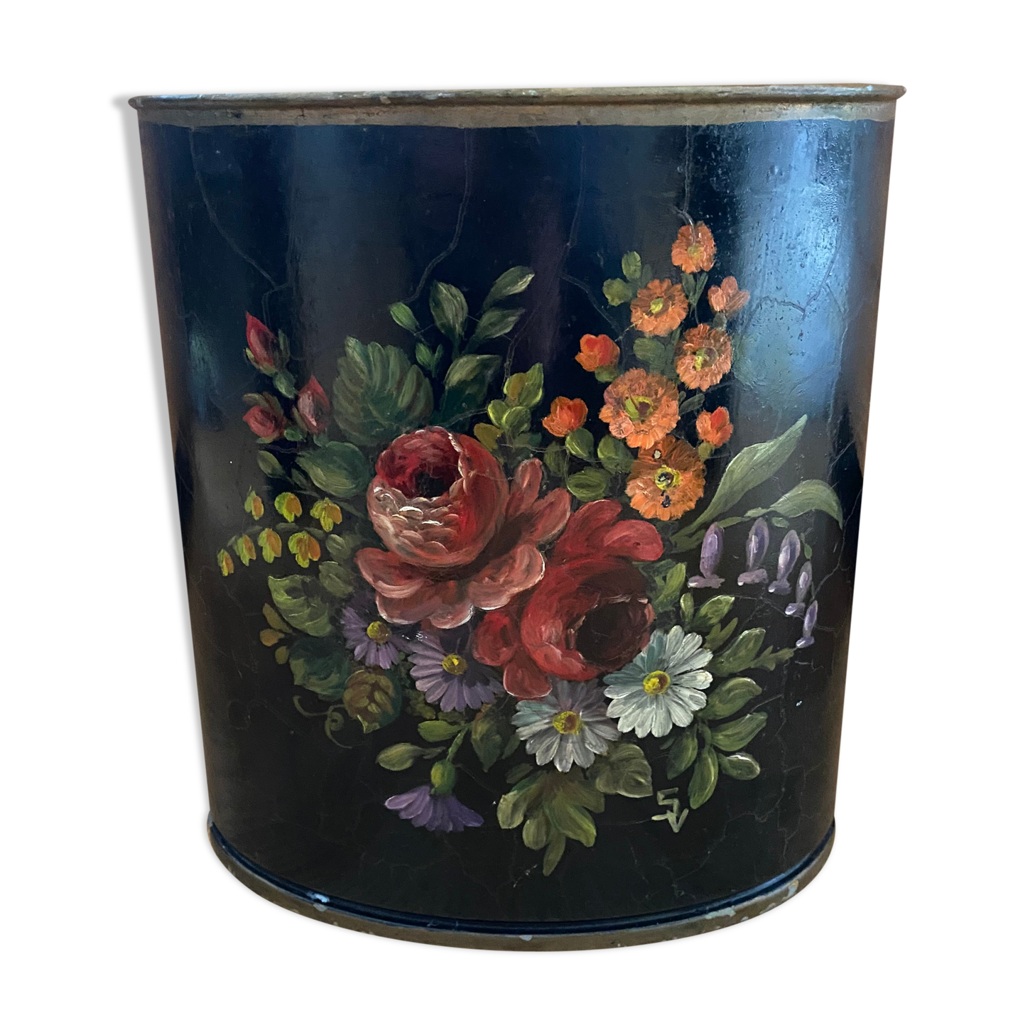 Basket in painted sheet metal Napoleon III signed black background and flowers