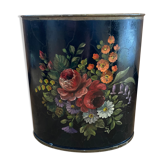 Basket in painted sheet metal Napoleon III signed black background and flowers