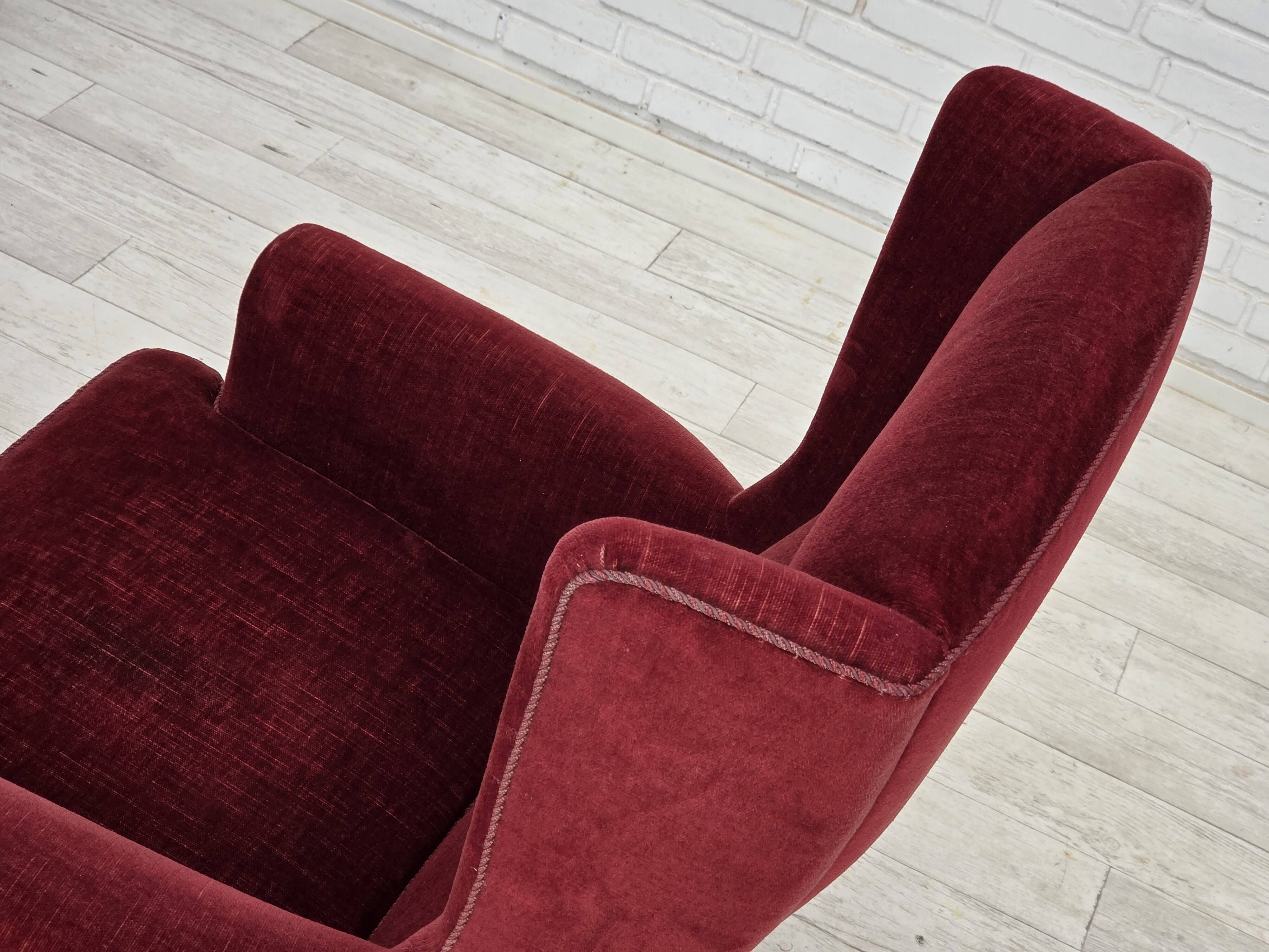 1970s, Danish highback chair, cherry-red furniture velour, ash wood legs.