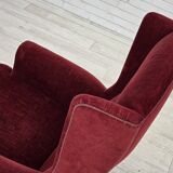 1970s, Danish highback chair, cherry-red furniture velour, ash wood legs.