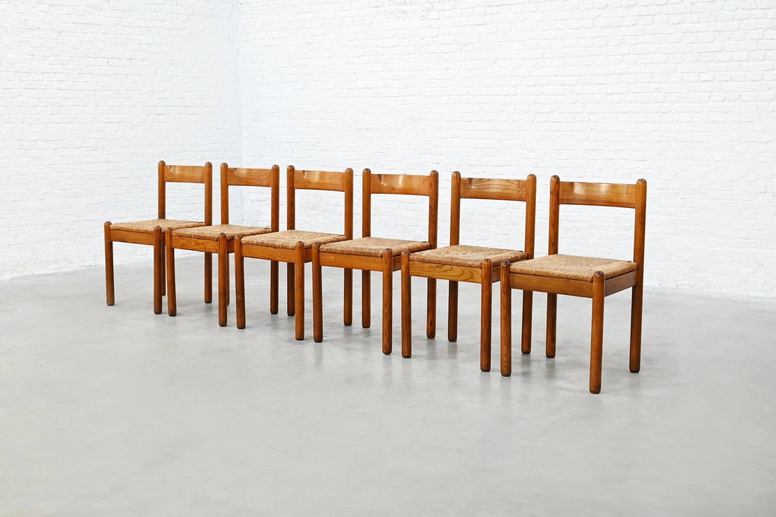 Set of six French oak dining chairs with rush seats, 1970s
