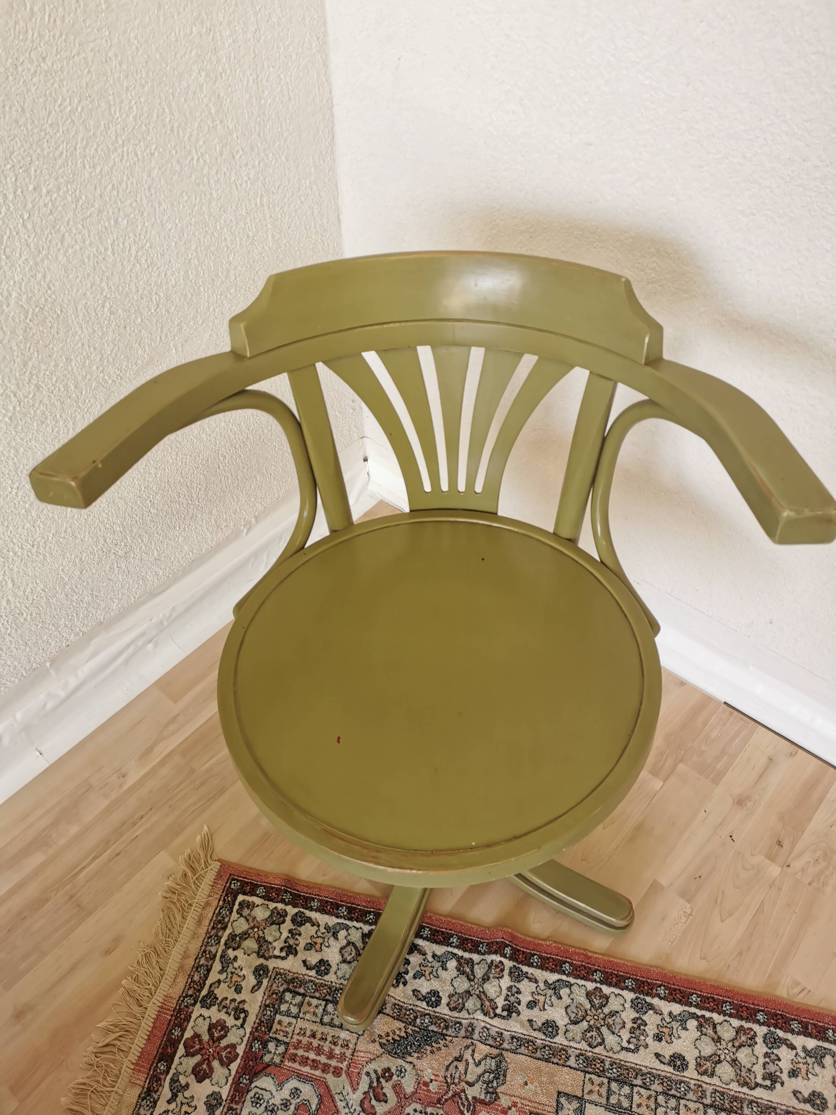 Vintage Thonet Style Bentwood Swivel Chair - Olive Green Retro Armchair