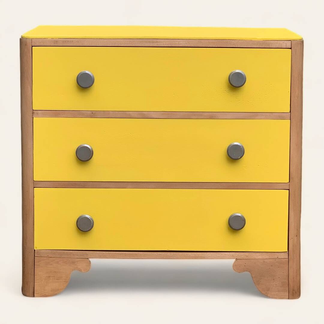 Commode art déco jaune poudré et bois brut