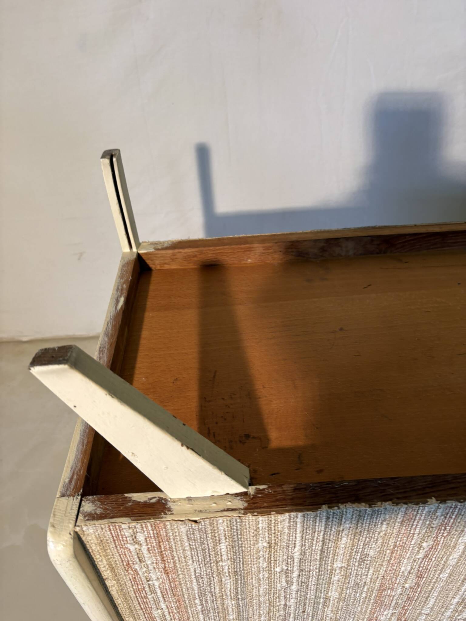 Vintage upholstered chest, white lacquered wooden structure, 1960s-70s