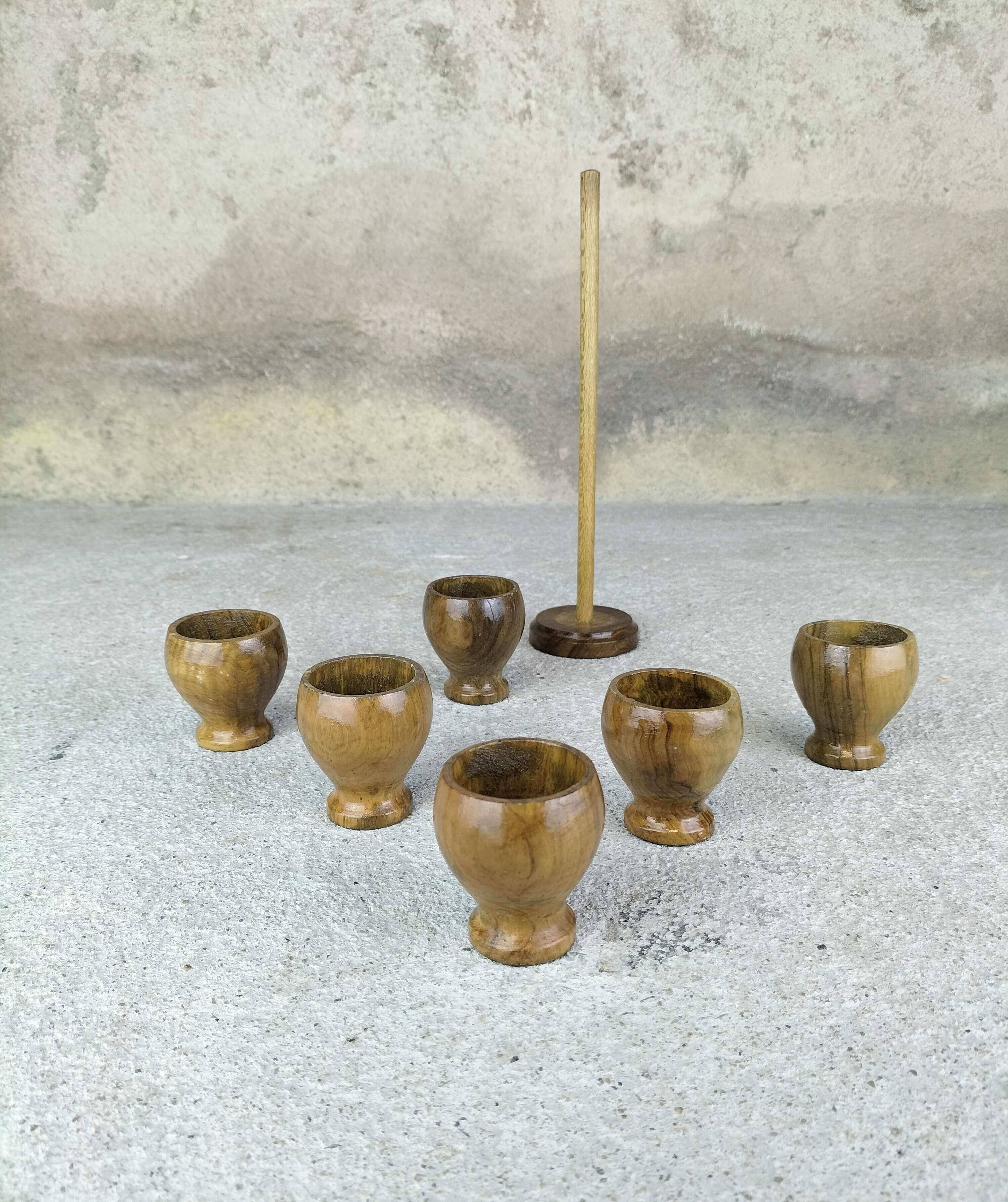 Set of six olive wood egg cups