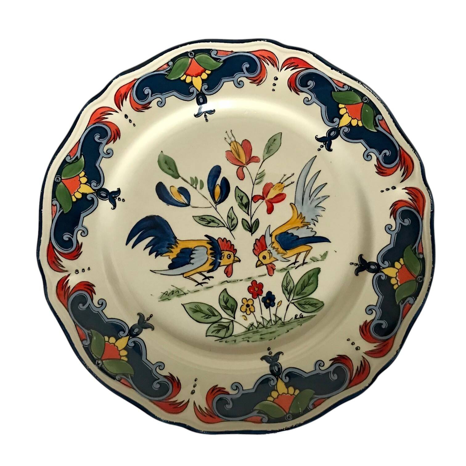 Ancienne assiette faïence Orchies décor coqs XXème