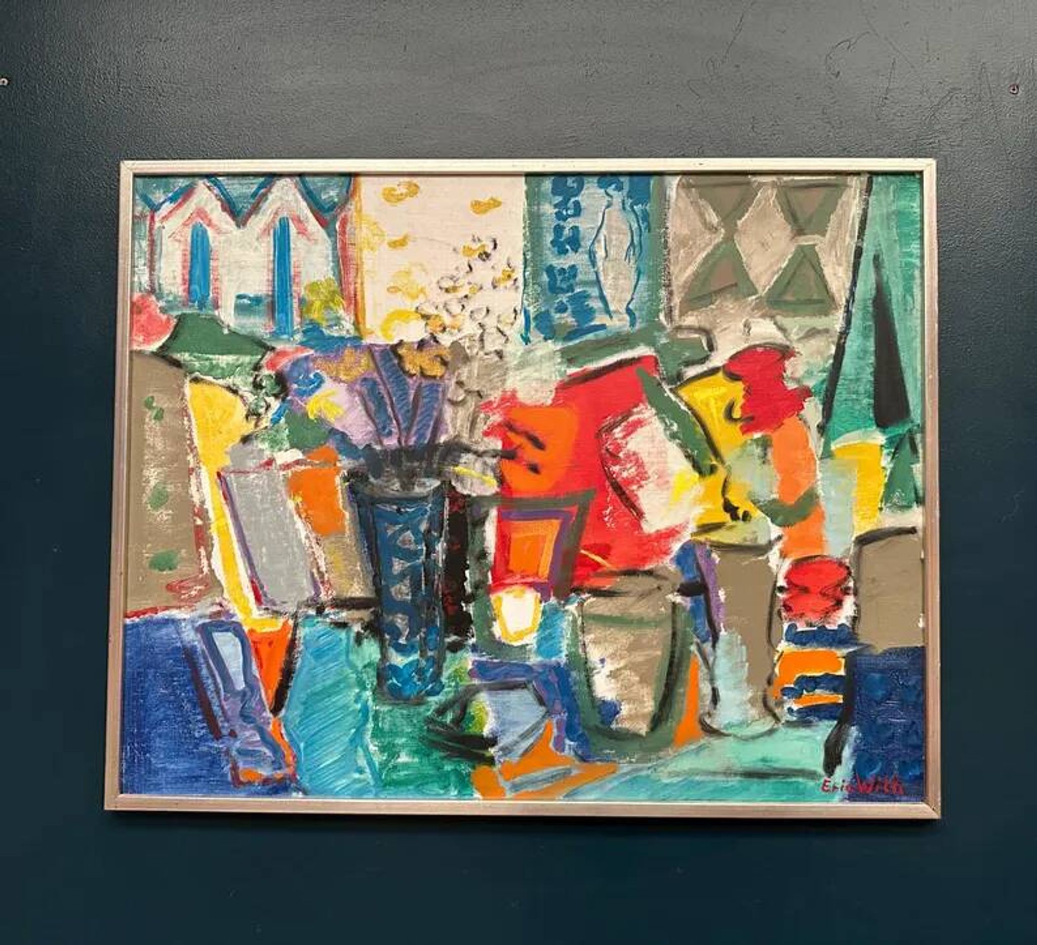 Large Original Swedish Oil on Canvas – “Still Life with Flowers” by Eric With (1916–2000) – Signed – Vintage & Framed – 89×70.5cm