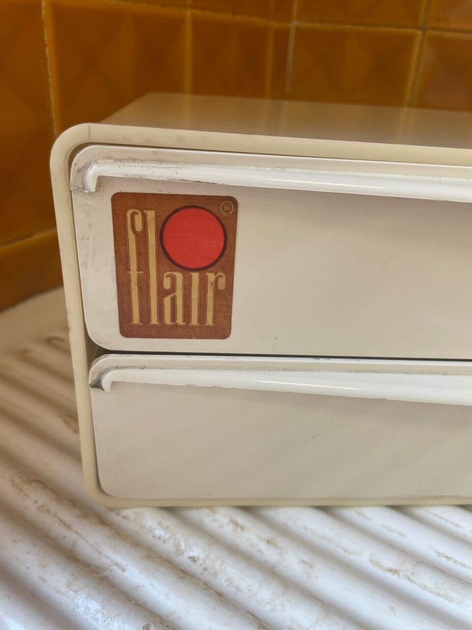 Bakelite white plastic vintage wall storage box with Flair origin label