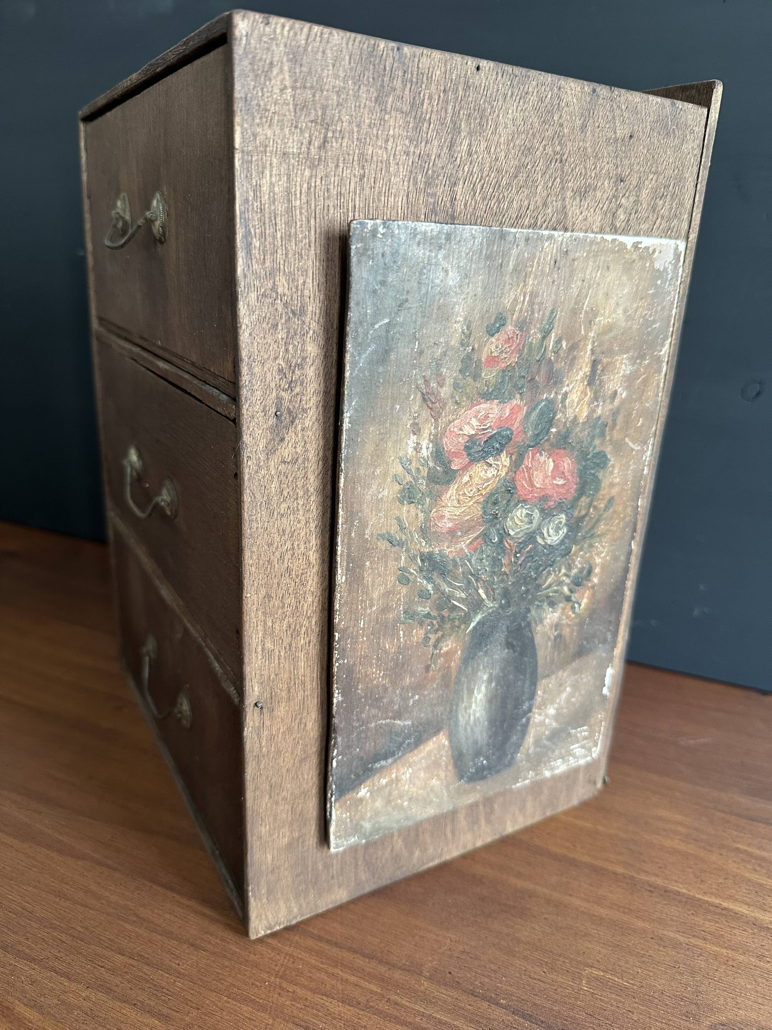 Small antique wooden drawer unit with floral painting, 1900.