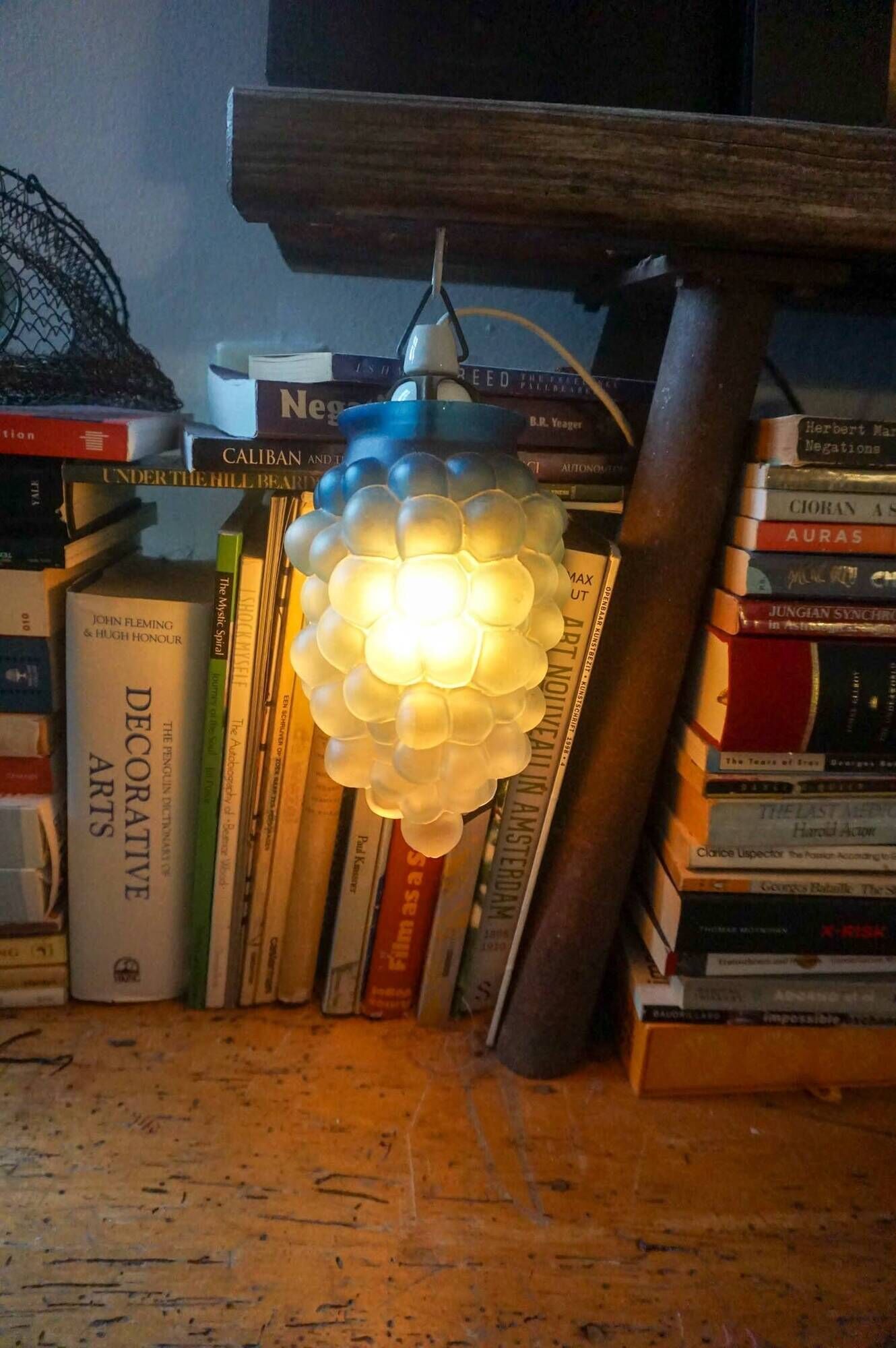 vintage blue glass grape pendant light * frosted ombre glass * mid-century