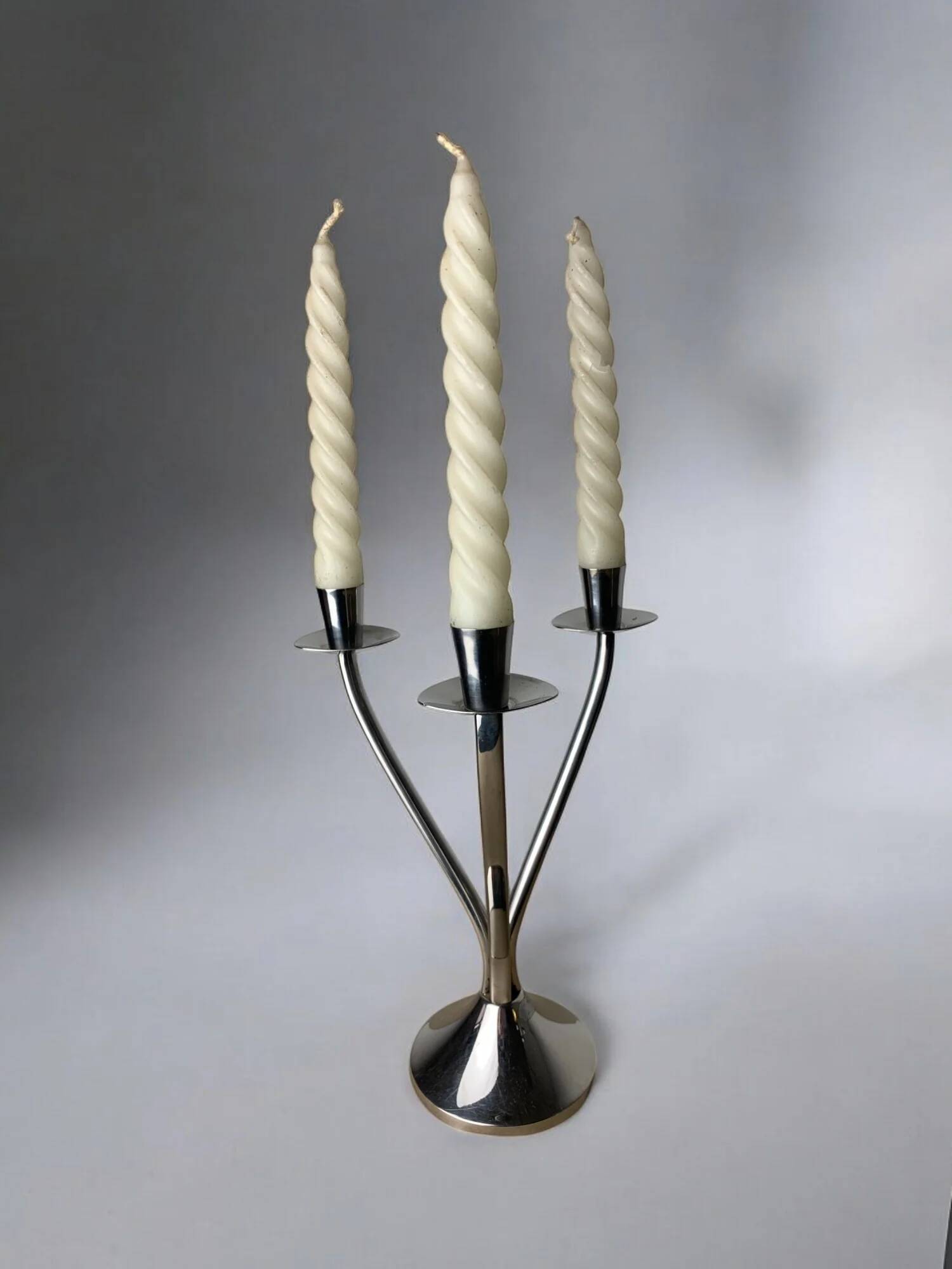 Art deco candlestick in stainless steel 3 flames, Spain, circa 1970