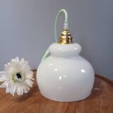 Lampe baladeuse opaline blanche vintage, cordon vert menthe