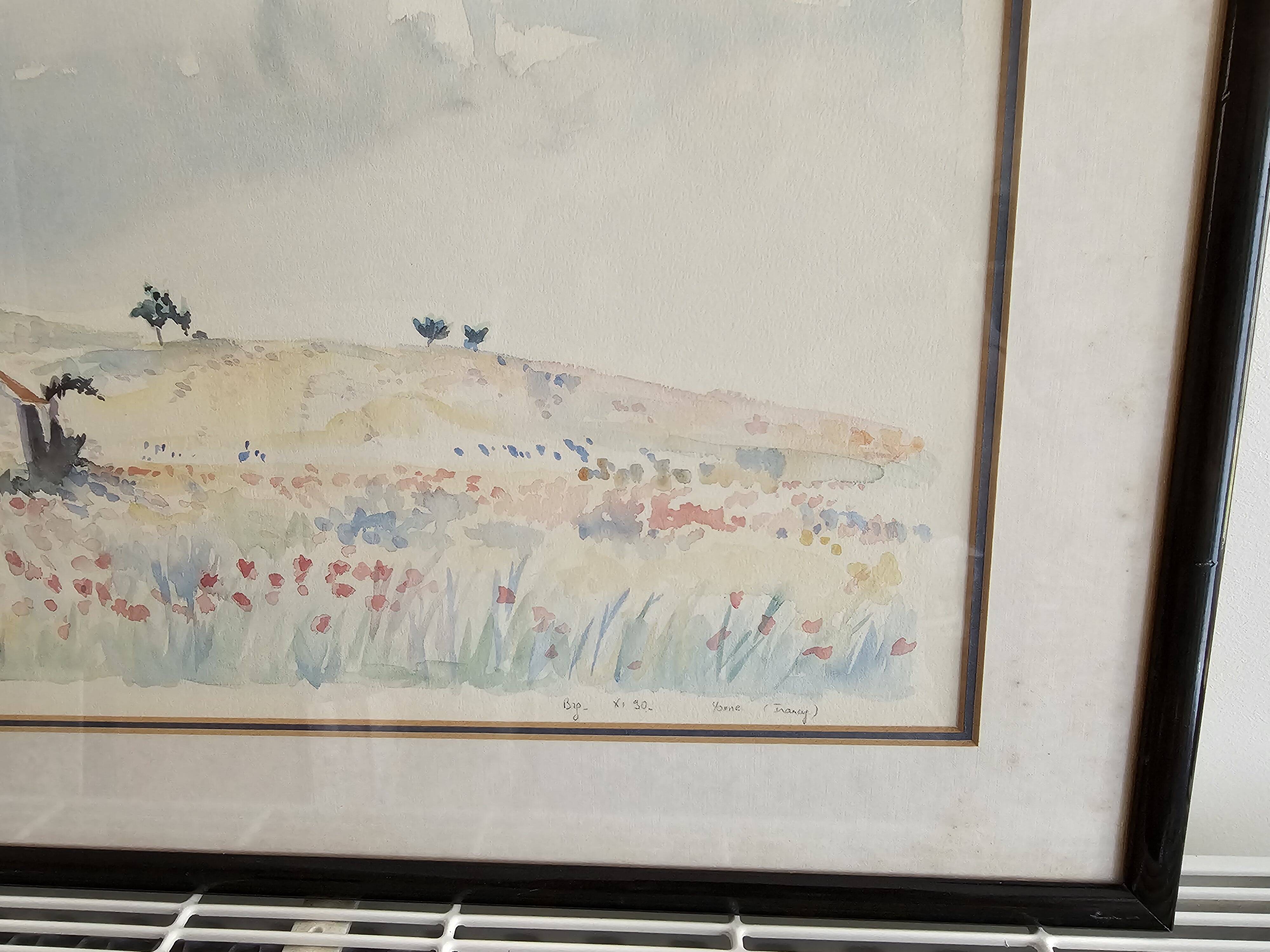 Painting - Watercolor landscape with poppies - View of Irancy (Yonne)